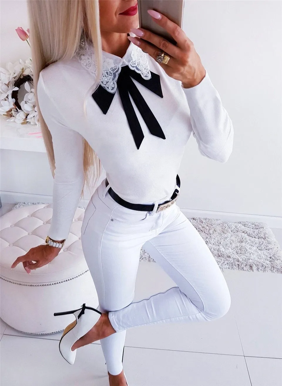 Women Long Sleeve Patchwork Bow Lace Design Turn-down Collar Blouse