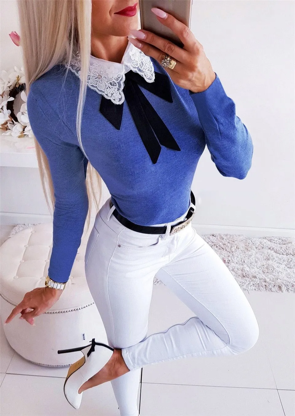 Women Long Sleeve Patchwork Bow Lace Design Turn-down Collar Blouse