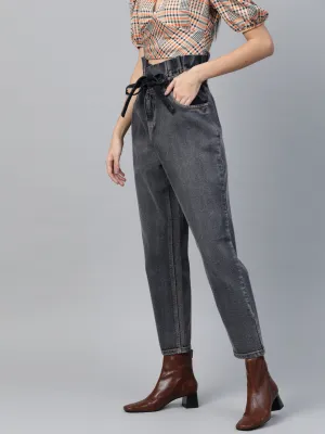 Women Navy Washed Paper Bag Waist Jeans