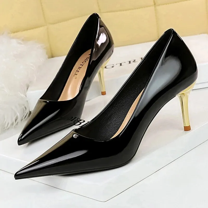 Women Pumps Metal Button Kitten Heels Shoes Pointed High Heels - WSHP50100