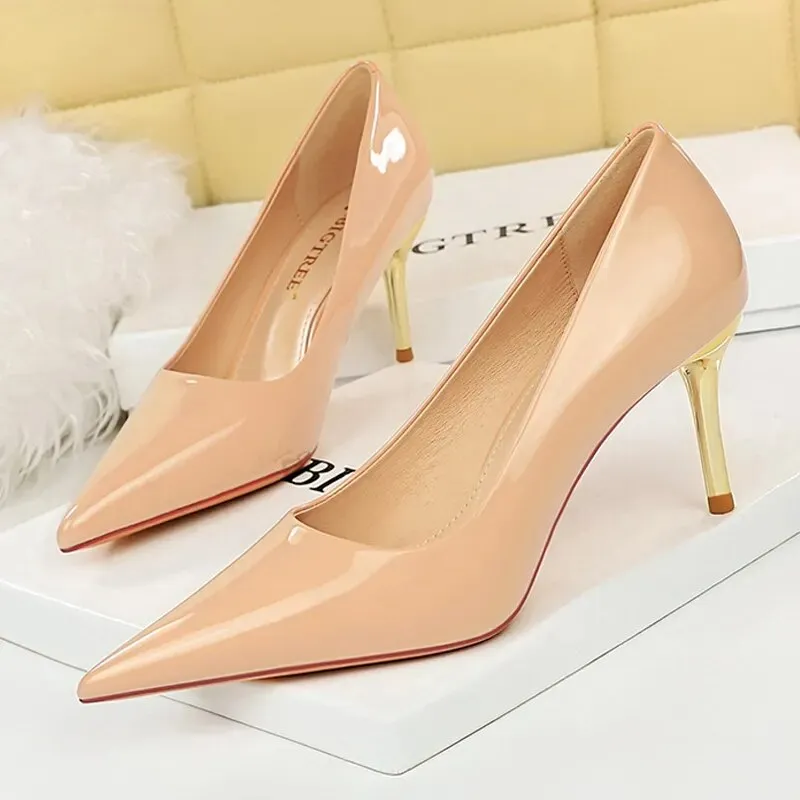 Women Pumps Metal Button Kitten Heels Shoes Pointed High Heels - WSHP50100