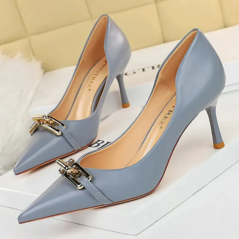 Women Pumps Metal Button Kitten Heels Shoes Pointed High Heels - WSHP50100