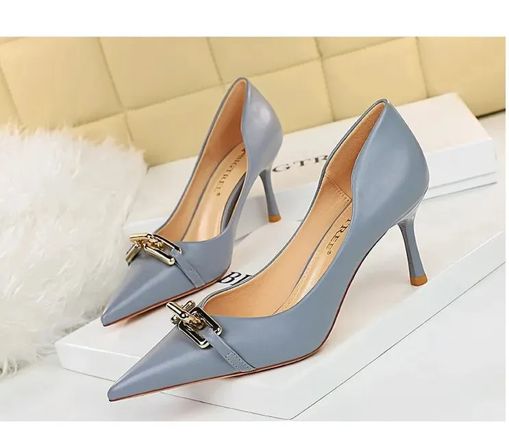 Women Pumps Metal Button Kitten Heels Shoes Pointed High Heels - WSHP50100