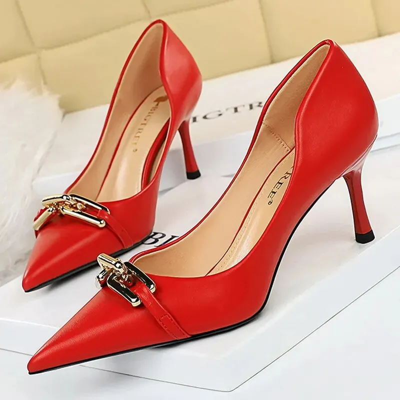 Women Pumps Metal Button Kitten Heels Shoes Pointed High Heels - WSHP50100