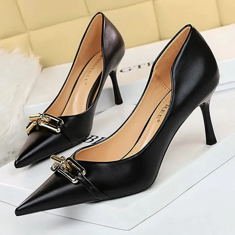 Women Pumps Metal Button Kitten Heels Shoes Pointed High Heels - WSHP50100