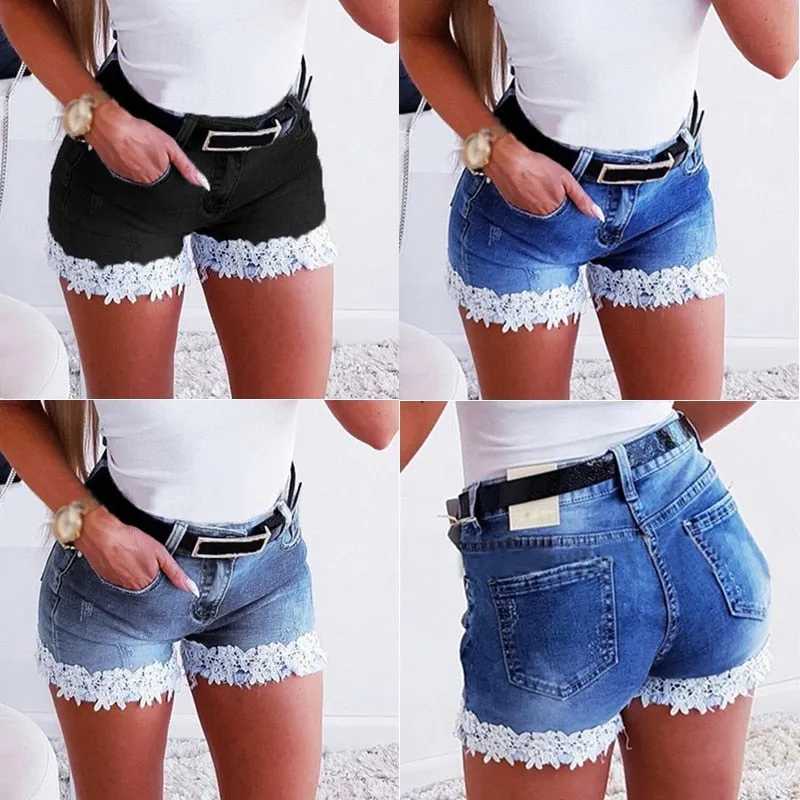 Women Slim Denim Shorts Stretch Lace Stitching Jeans Shorts Ladies Casual Regular Short