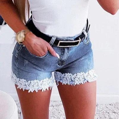 Women Slim Denim Shorts Stretch Lace Stitching Jeans Shorts Ladies Casual Regular Short