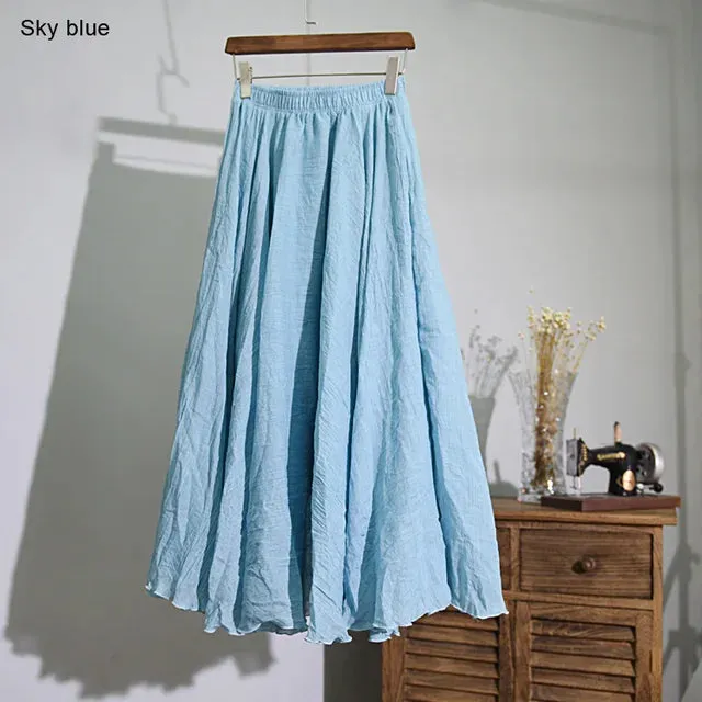 Women's Elegant High Waist Linen Maxi Skirt 2023 Summer Ladies Casual Elastic Waist 2 Layers Skirts saia feminina 20 Colors