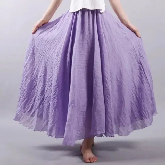 Women's Elegant High Waist Linen Maxi Skirt 2023 Summer Ladies Casual Elastic Waist 2 Layers Skirts saia feminina 20 Colors