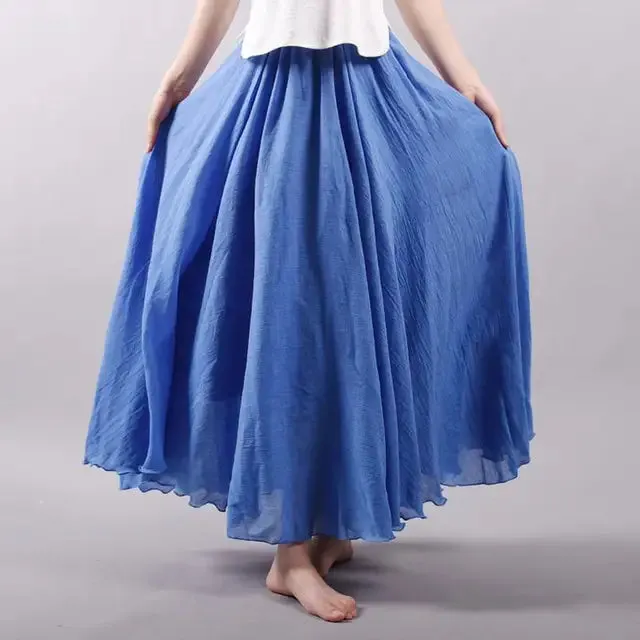 Women's Elegant High Waist Linen Maxi Skirt 2023 Summer Ladies Casual Elastic Waist 2 Layers Skirts saia feminina 20 Colors