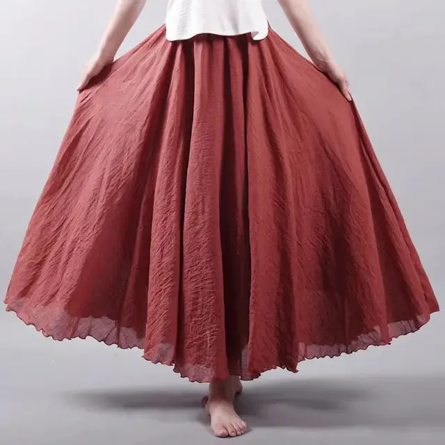 Women's Elegant High Waist Linen Maxi Skirt 2023 Summer Ladies Casual Elastic Waist 2 Layers Skirts saia feminina 20 Colors