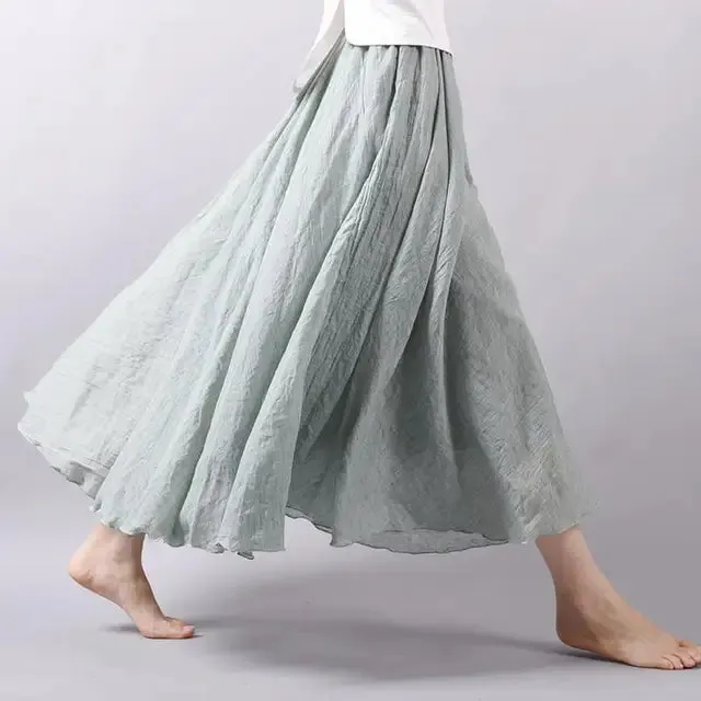 Women's Elegant High Waist Linen Maxi Skirt 2023 Summer Ladies Casual Elastic Waist 2 Layers Skirts saia feminina 20 Colors