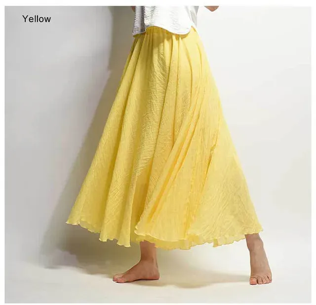 Women's Elegant High Waist Linen Maxi Skirt 2023 Summer Ladies Casual Elastic Waist 2 Layers Skirts saia feminina 20 Colors