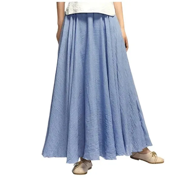 Women's Elegant High Waist Linen Maxi Skirt 2023 Summer Ladies Casual Elastic Waist 2 Layers Skirts saia feminina 20 Colors