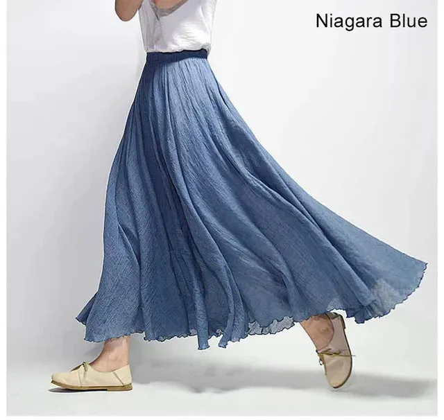 Women's Elegant High Waist Linen Maxi Skirt 2023 Summer Ladies Casual Elastic Waist 2 Layers Skirts saia feminina 20 Colors