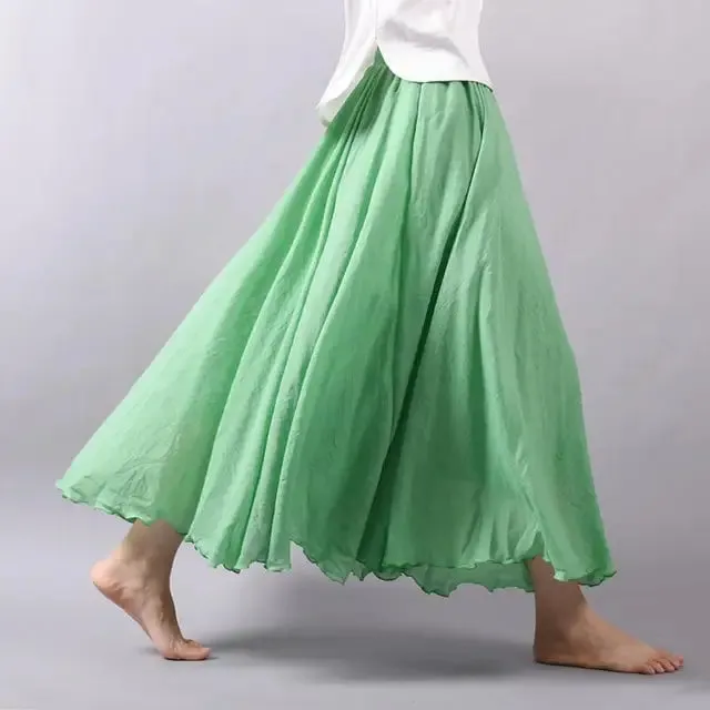 Women's Elegant High Waist Linen Maxi Skirt 2023 Summer Ladies Casual Elastic Waist 2 Layers Skirts saia feminina 20 Colors