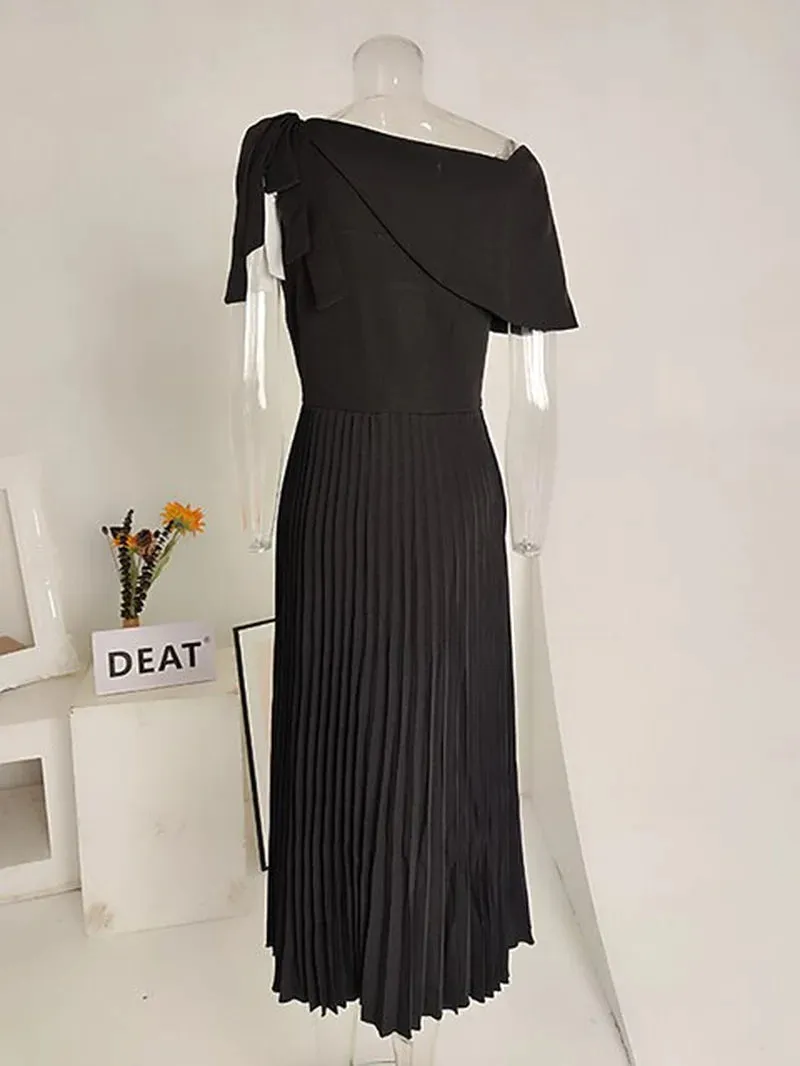 Women'S Summer Dress 2023 - Solid Color, Sloping Shoulders, Pleated - 17A2385