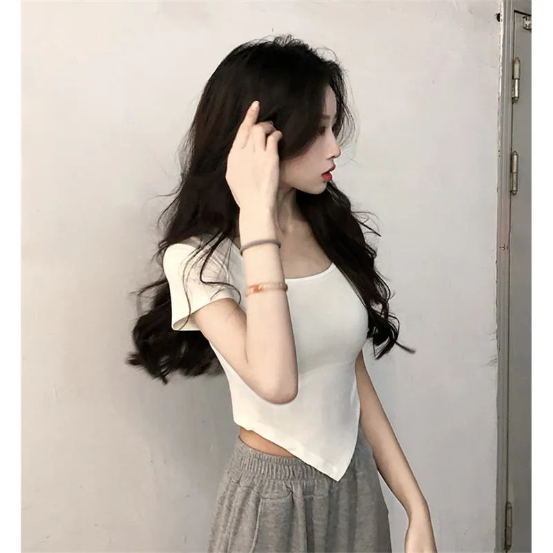 Women's T-Shirt Slim-Fit Cropped Square Collar Short Sleeve Tee