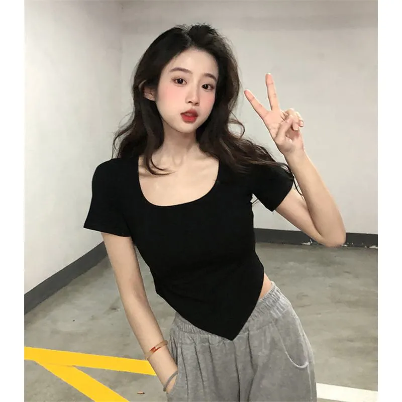 Women's T-Shirt Slim-Fit Cropped Square Collar Short Sleeve Tee