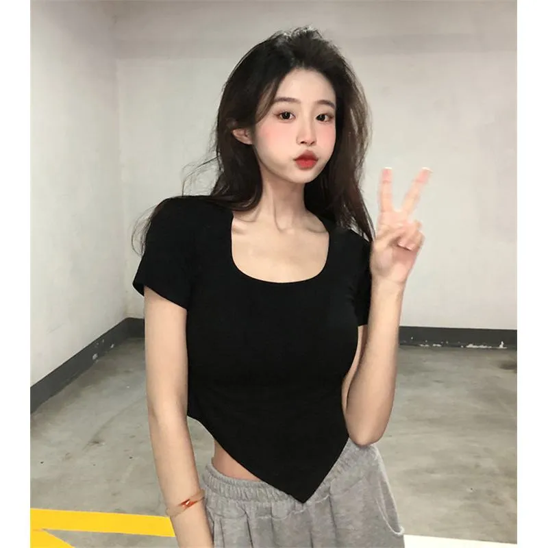 Women's T-Shirt Slim-Fit Cropped Square Collar Short Sleeve Tee