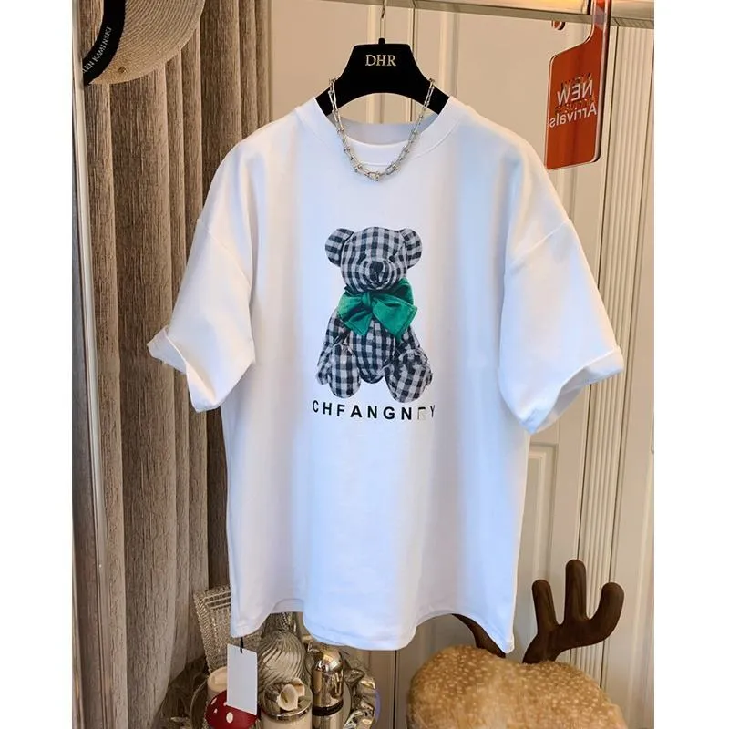 Women's T-Shirt Teddy Bear Midi Print Lazy Short Sleeve Tee