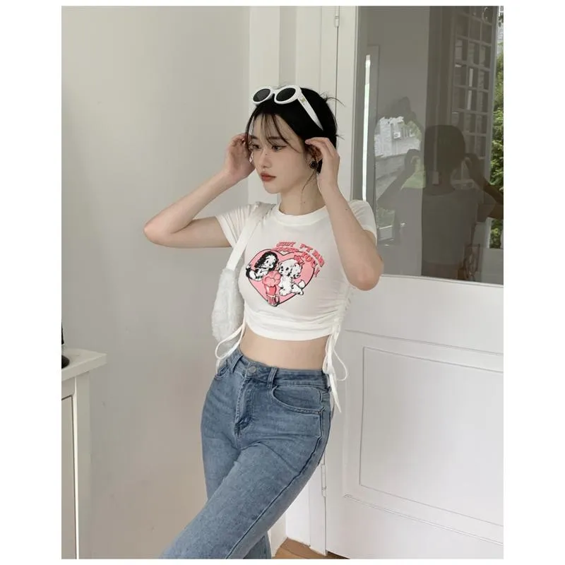 Women's T-Shirt White Print Tie Lycra Short Sleeve Tee