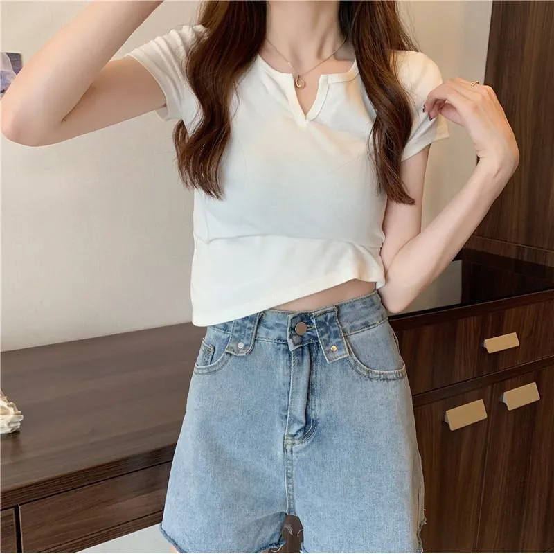 Women's T-Shirts Cropped Slim-Fit Navel-Baring Short Sleeve Tee