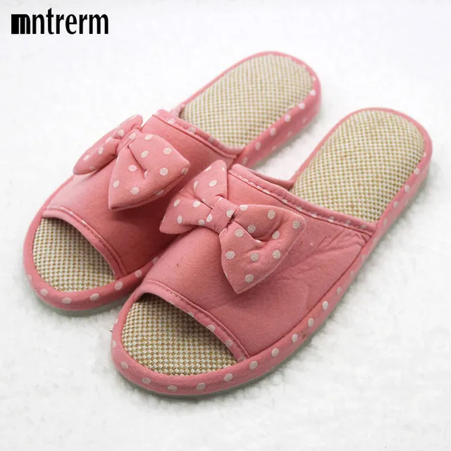 Xiuteng Candy color Warm Home Slippers Women Bedroom Winter Slippers Cartoon Bowtie Indoor Slippers Cotton Floor Home Flax Shoes