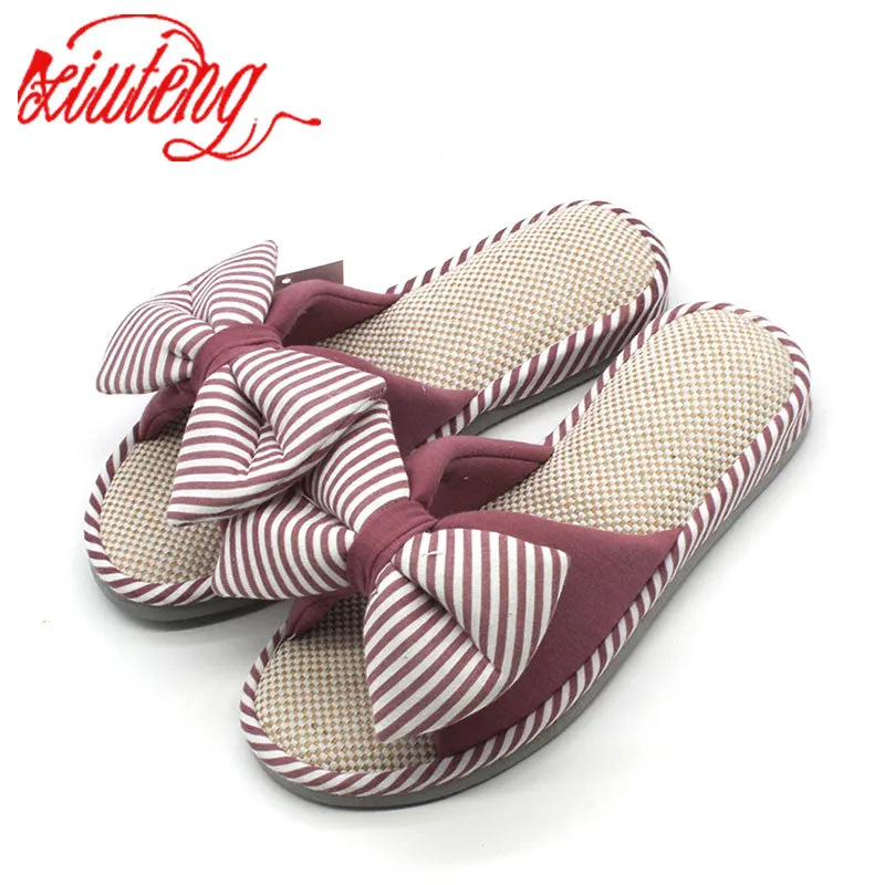 Xiuteng Candy color Warm Home Slippers Women Bedroom Winter Slippers Cartoon Bowtie Indoor Slippers Cotton Floor Home Flax Shoes