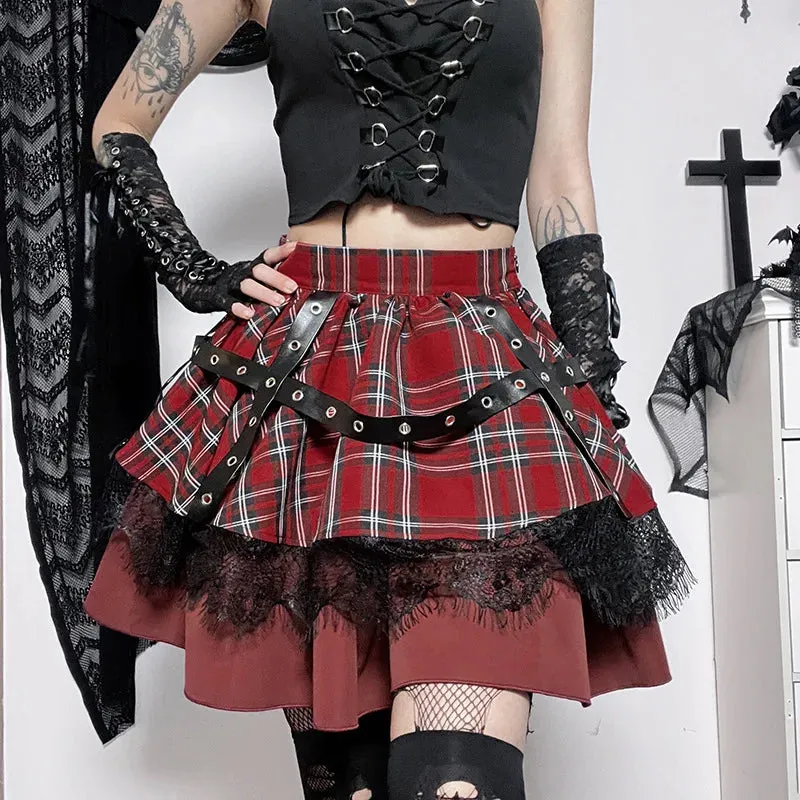 Y2k Harajuku Lace Cake Lolita Little Girls Pleated Gothic Sweet Kawaii Mini Plaid Skirt