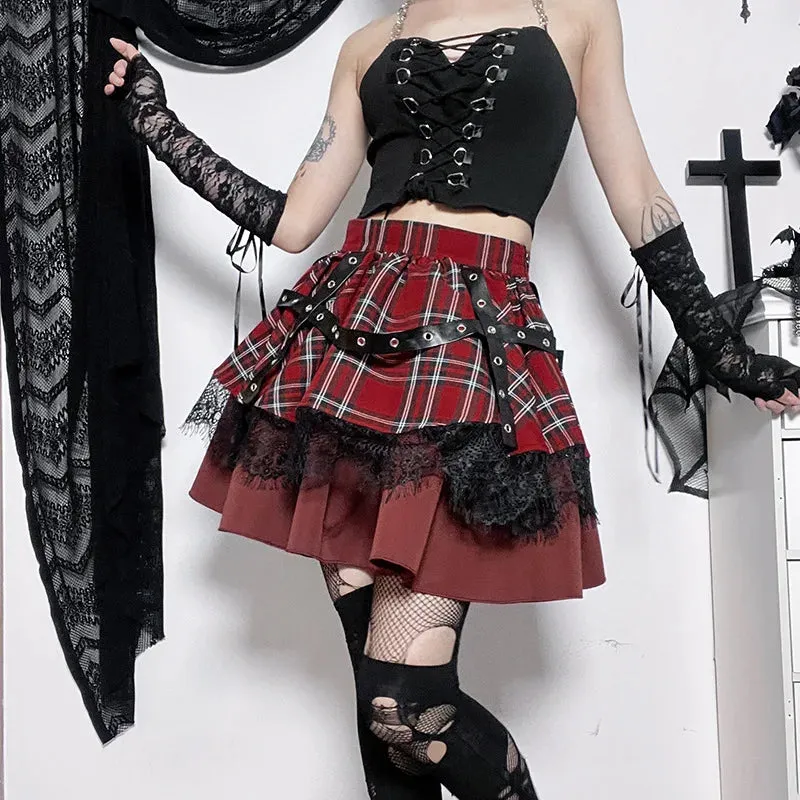 Y2k Harajuku Lace Cake Lolita Little Girls Pleated Gothic Sweet Kawaii Mini Plaid Skirt